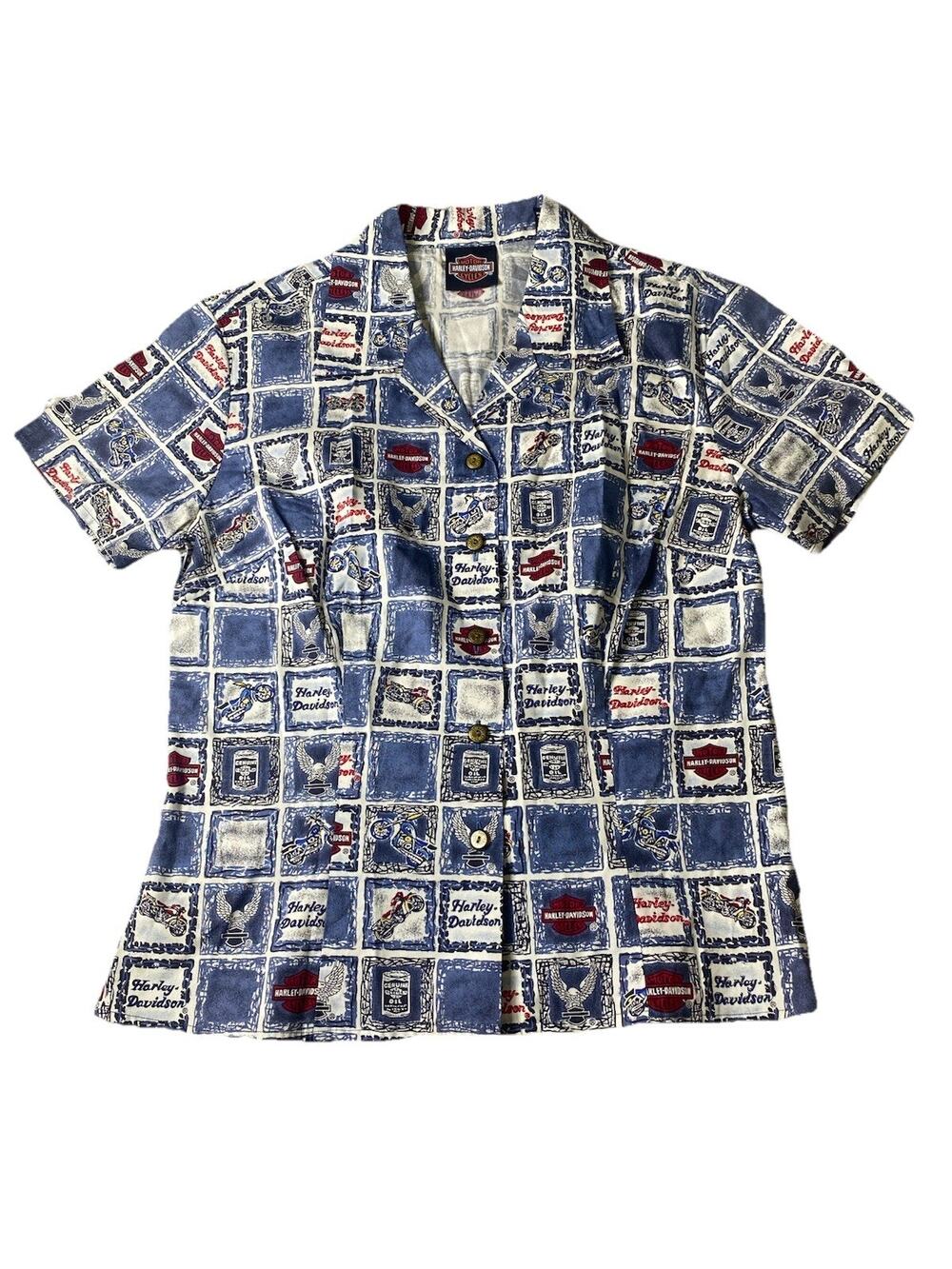 vintage harley davidson women’s button down patchwork shirt sz XS red white blue